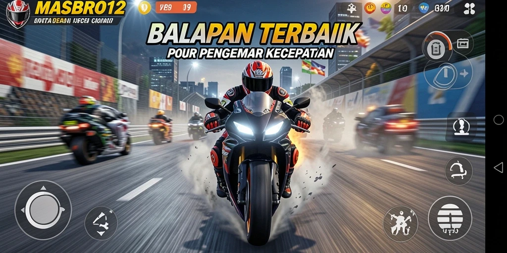Screenshot gameplay MASBRO12 menampilkan balapan motor yang mendebarkan.