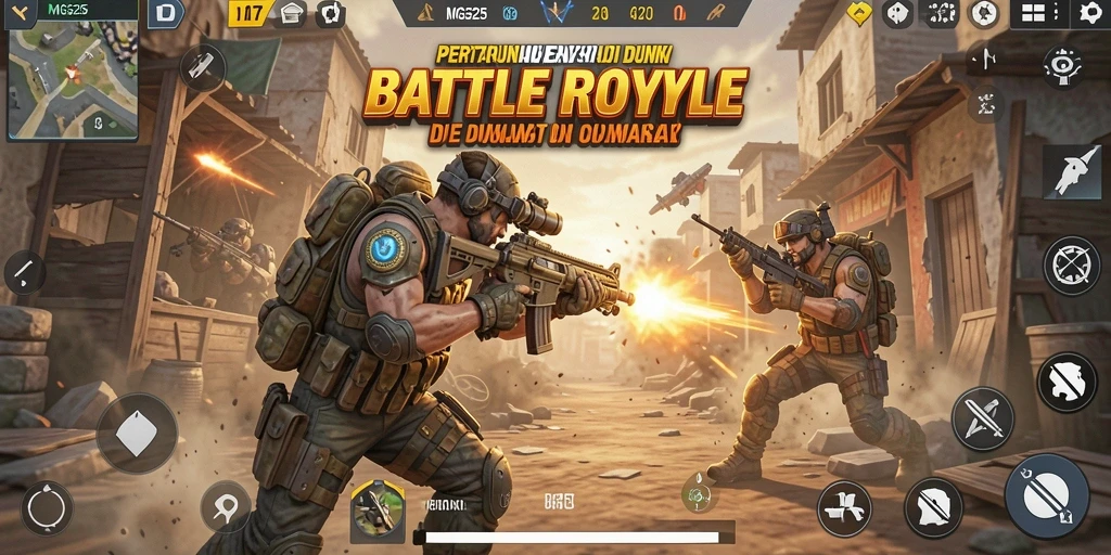 Screenshot gameplay MG525 menunjukkan pertempuran seru di medan perang Battle Royale.