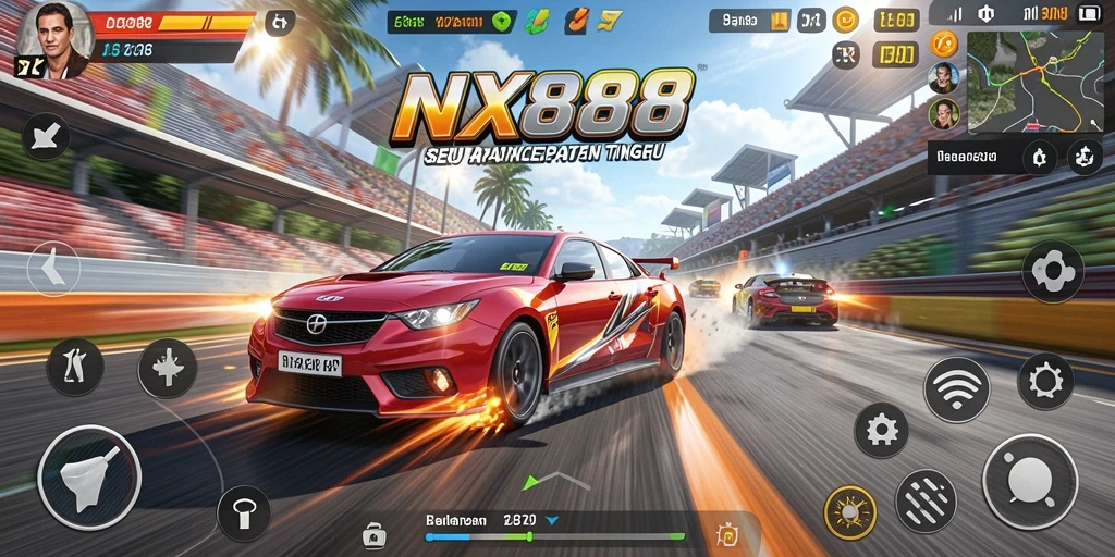 Screenshot gameplay <strong>NX888</strong> menampilkan balapan seru di lintasan kota yang dinamis.