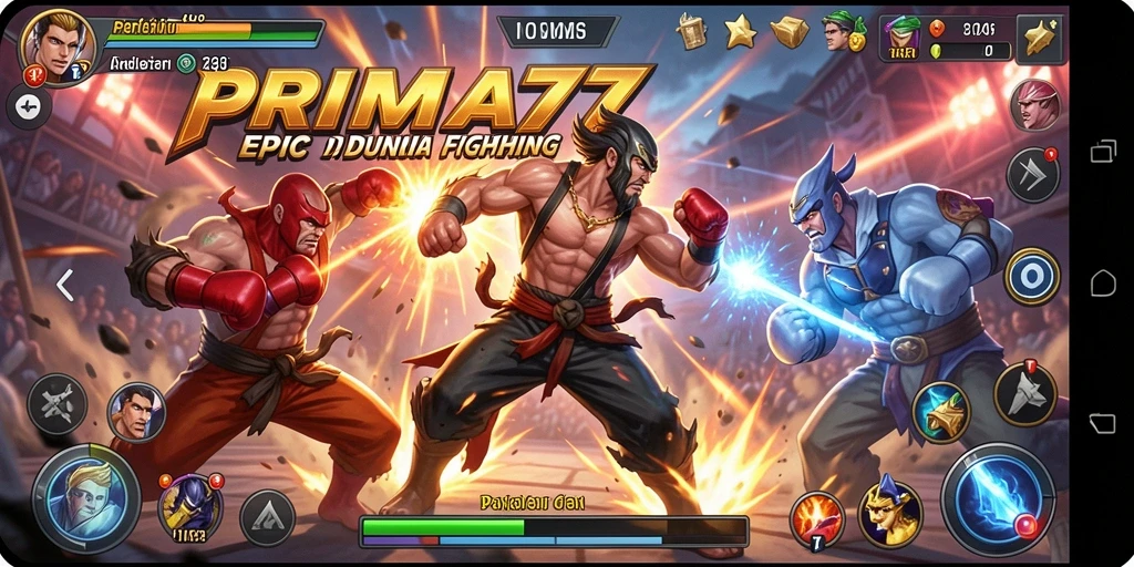 Screenshot gameplay PRIMA77 menampilkan pertarungan seru antar karakter yang beraksi.